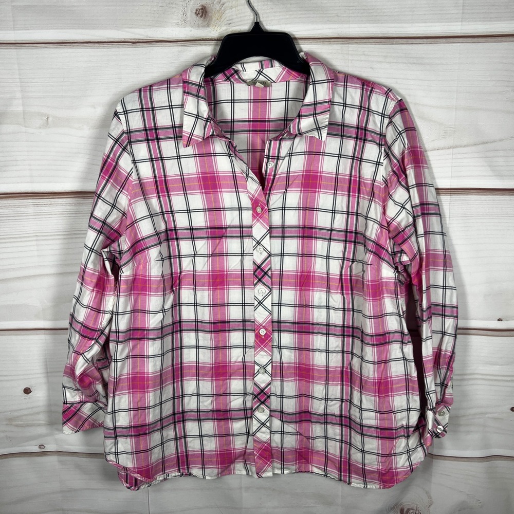 Talbots Button Front Shirt Womens 3X Pink Plaid Cotton Long Sleeve Top Preppy